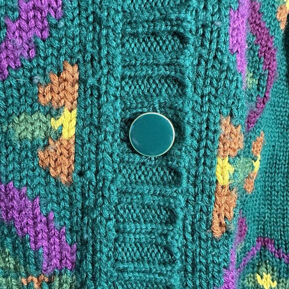 Vintage Russ Cardigan Sweater Women Small Green Acrylic Wool 90s FLowers - Picture 2 of 10